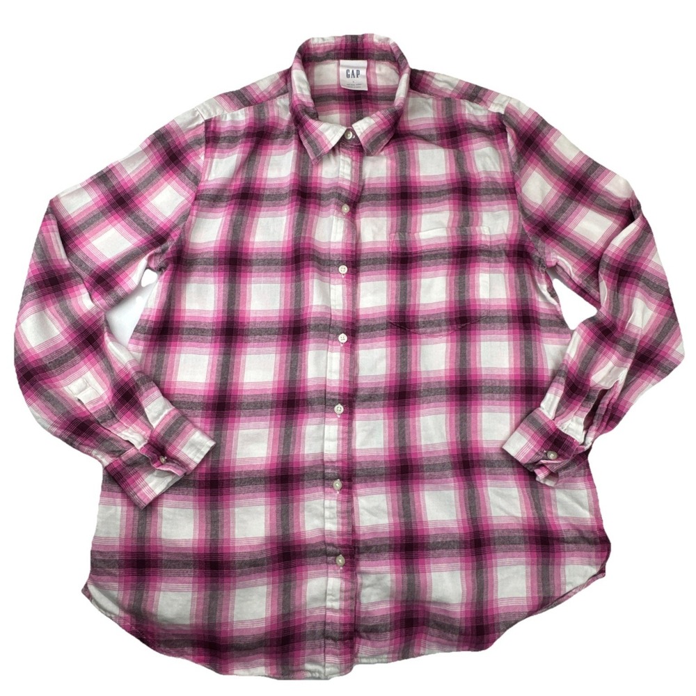 Pink‎ Plaid Checkered Button Down Flannel Shirt GAP Large Cotton Rayon Blend